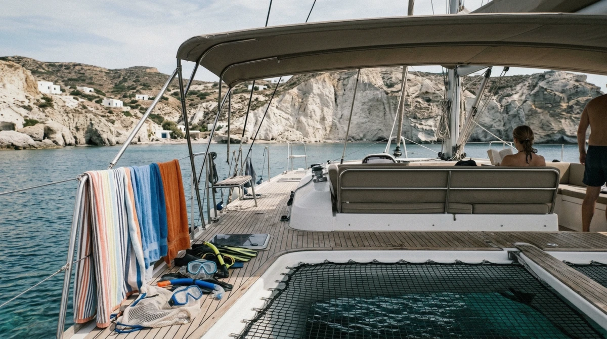 Shaded catamaran deck with towels laid out for guests during a Santorini boat tour, Greece