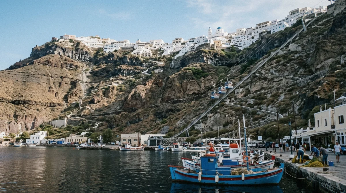The Old Port of Fira below the caldera cliffs, departure point for volcano boats on a Santorini boat tour, Greece