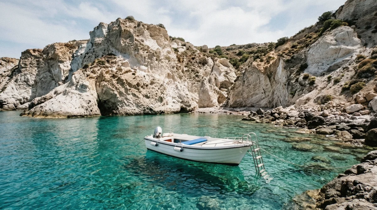 A quiet cove with clear water reached on a Santorini boat rental along the south coast, Greece