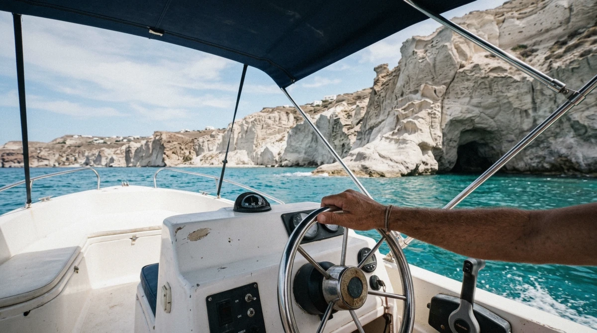 Renters at the helm of a small motor boat during a Santorini boat rental day out of Vlychada, Greece