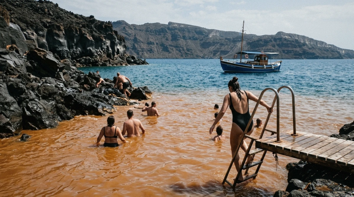 Swimmers in the rust-coloured volcanic hot springs reached on a Santorini boat tour, Greece