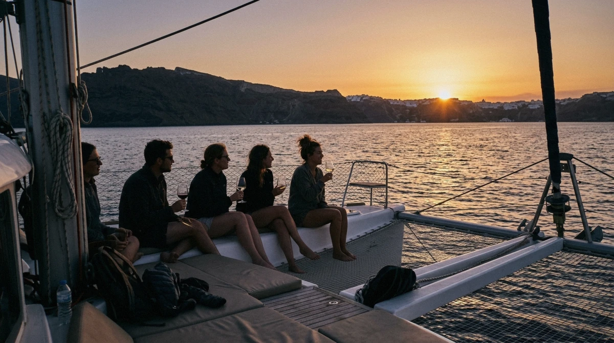 Catamaran on a sunset sail below the glowing caldera rim during a Santorini boat tour at dusk, Greece