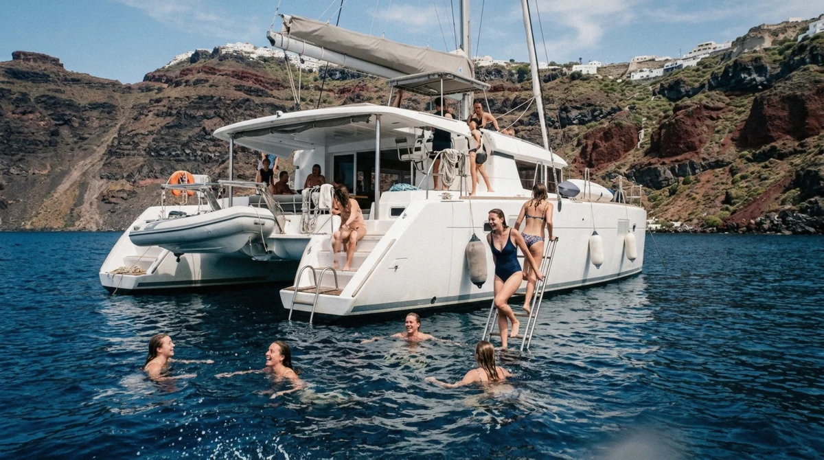 Guests climbing a catamaran swim ladder after an offshore stop on a Santorini boat tour, Greece