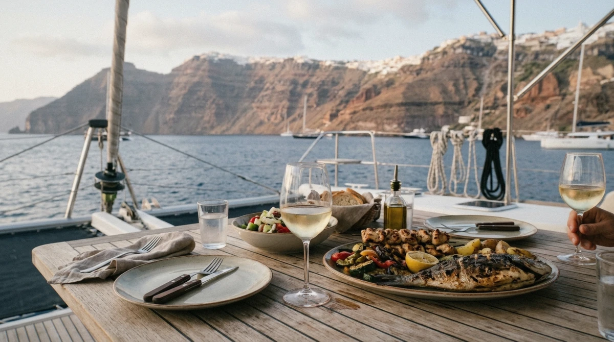 Glasses of local wine served on a catamaran deck at anchor during a Santorini boat tour, Greece